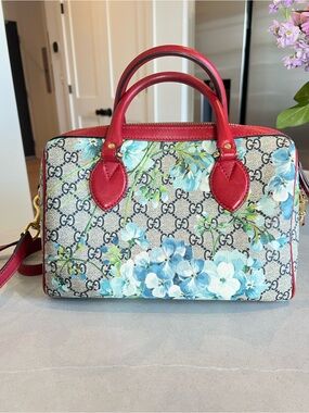 Gucci Blue Floral GG Supreme Satchel with Red Trim and Handles